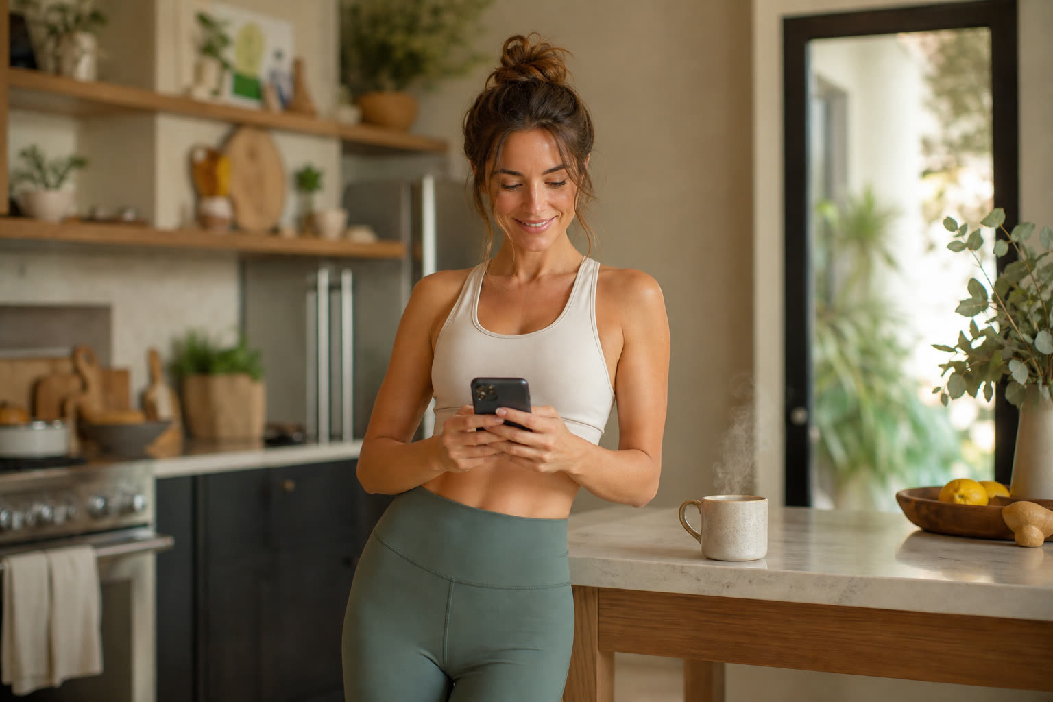 A woman completing a short questionnaire on her phone at her kitchen counter after a run