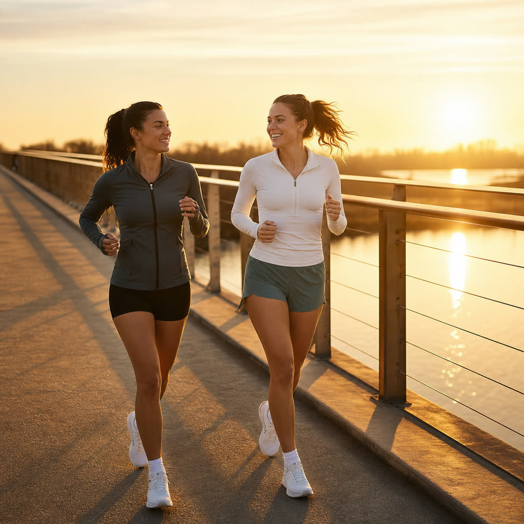 Two friends grinning on a long easy sunrise run across a bridge