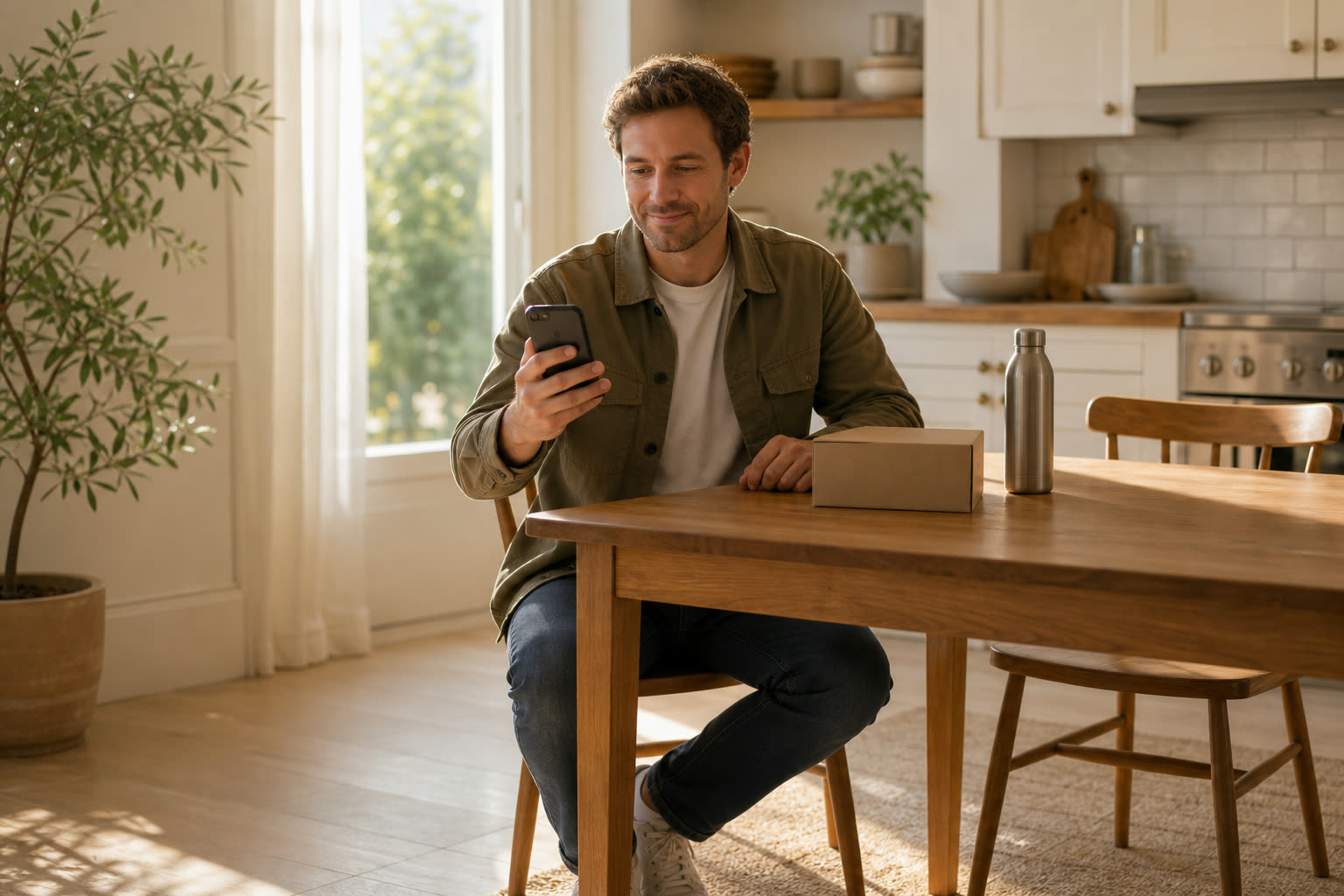 A man reading a message at a sunlit kitchen table beside a plain unmarked delivery box