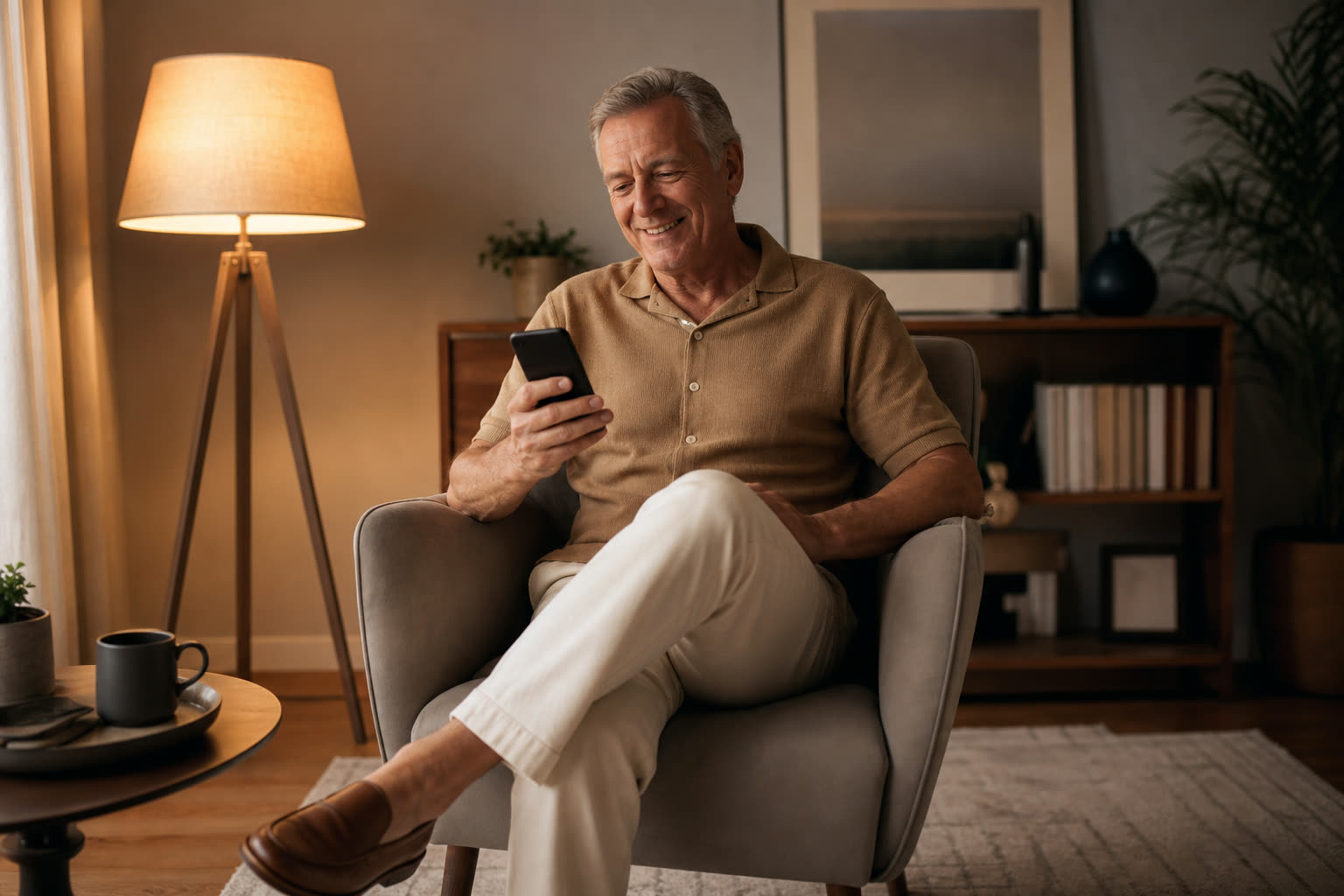 A 60s man with a athletic build reading an encouraging message from their care team on a phone, smiling in lamplight