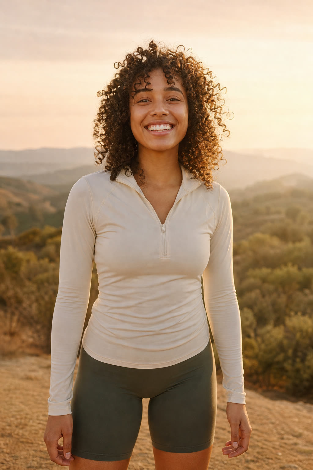 A young woman with springy curls glowing in dawn light, smiling wide after a run