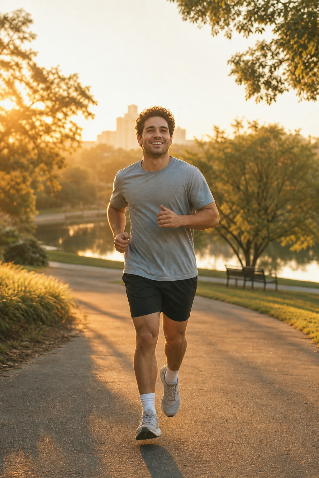 A man in his 20s with a strong mid-change build jogging through a dawn park, joyful
