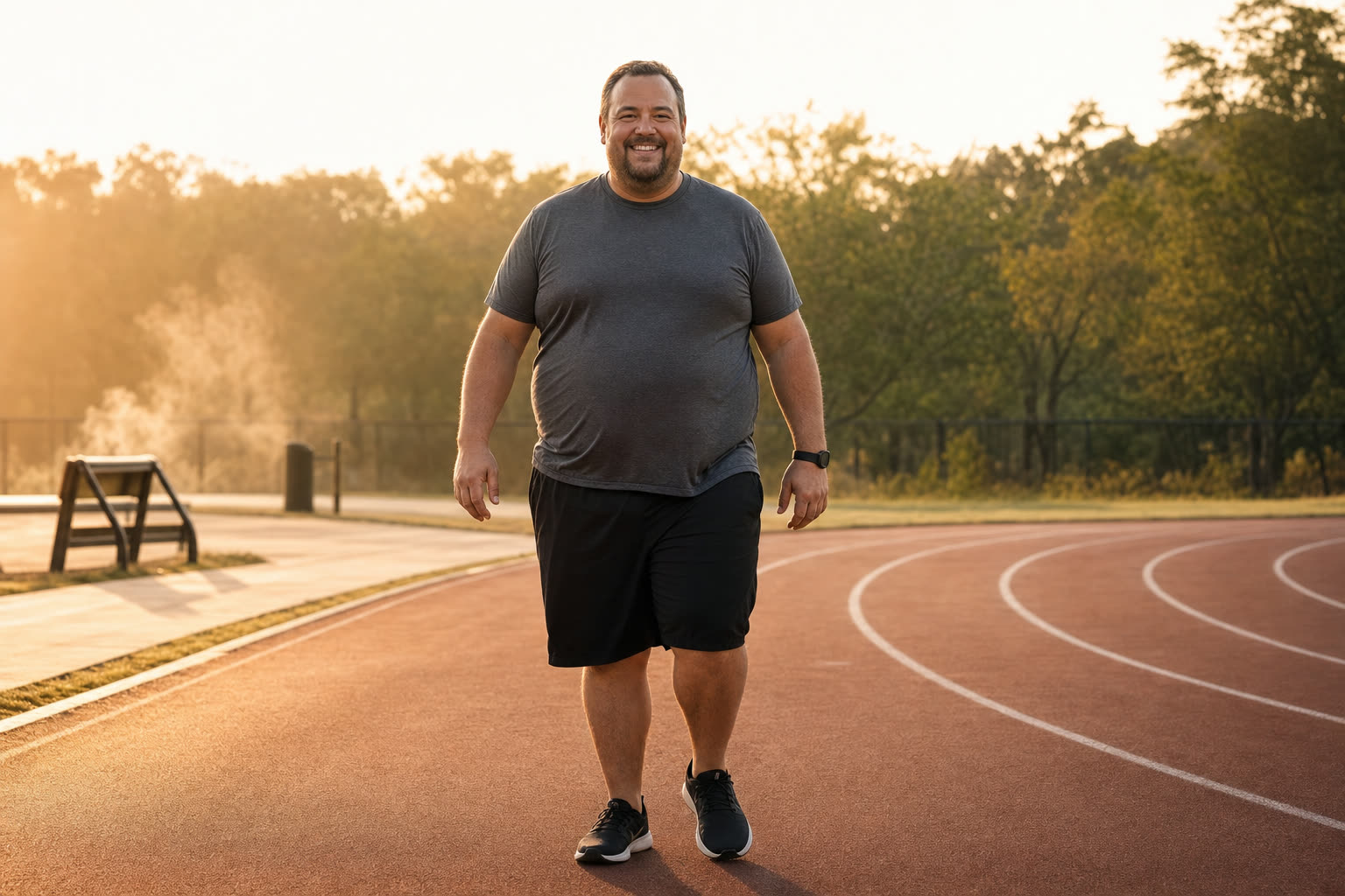 A heavier man mid-journey walking a running track at first light with purpose and a wide smile