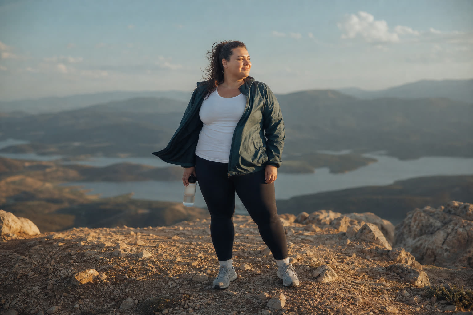 A late 30s woman with a stocky build pausing at a hiking lookout with a water bottle, wind in their clothes