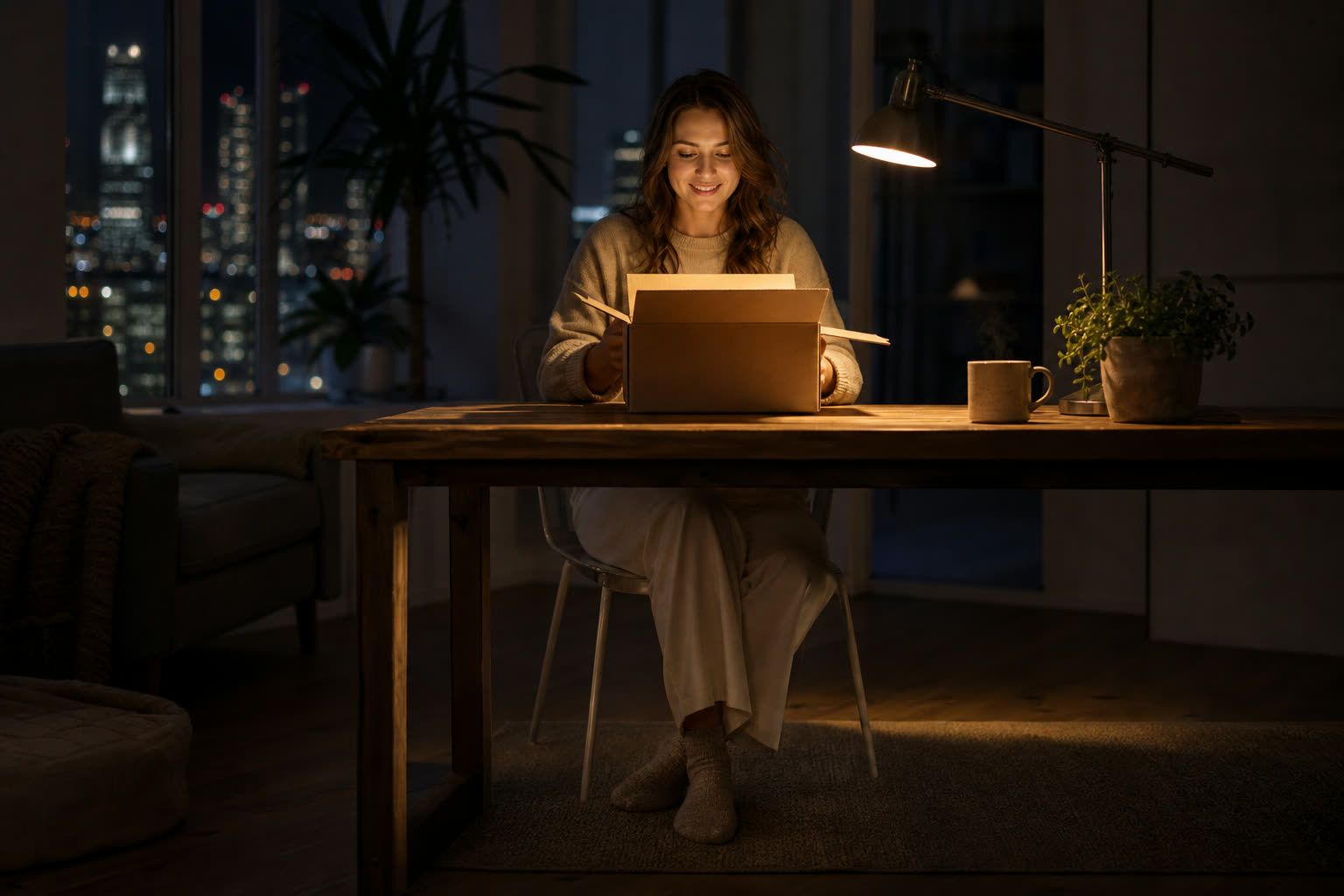 A woman opening a plain unmarked delivery box on a warm-lit table in the evening