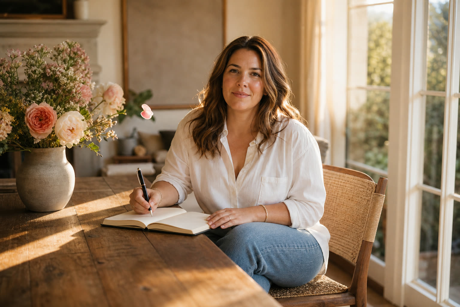 A late 30s woman with a soft curvy build writing a weekly plan in a journal beside fresh flowers