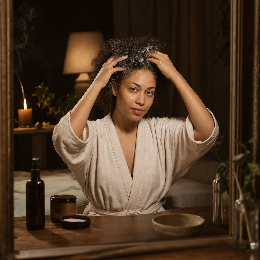 A woman working a treatment through her natural hair at a mirror in warm lamplight