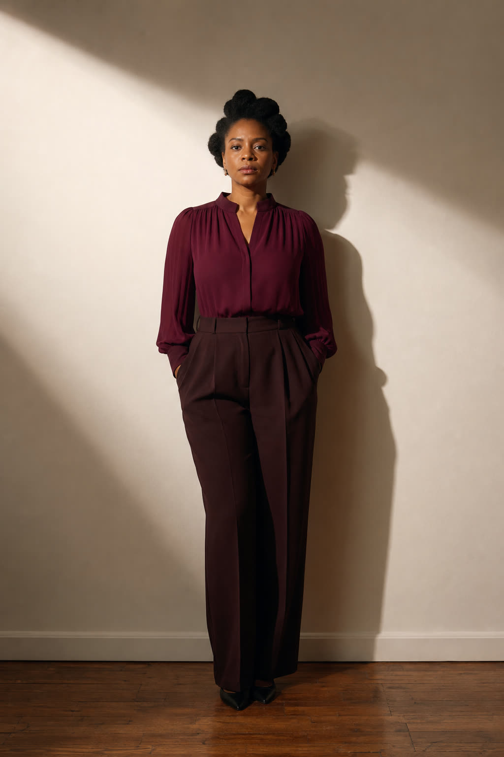 A woman with sculpted natural hair in an oxblood blouse, lit in warm chiaroscuro against deep shadow