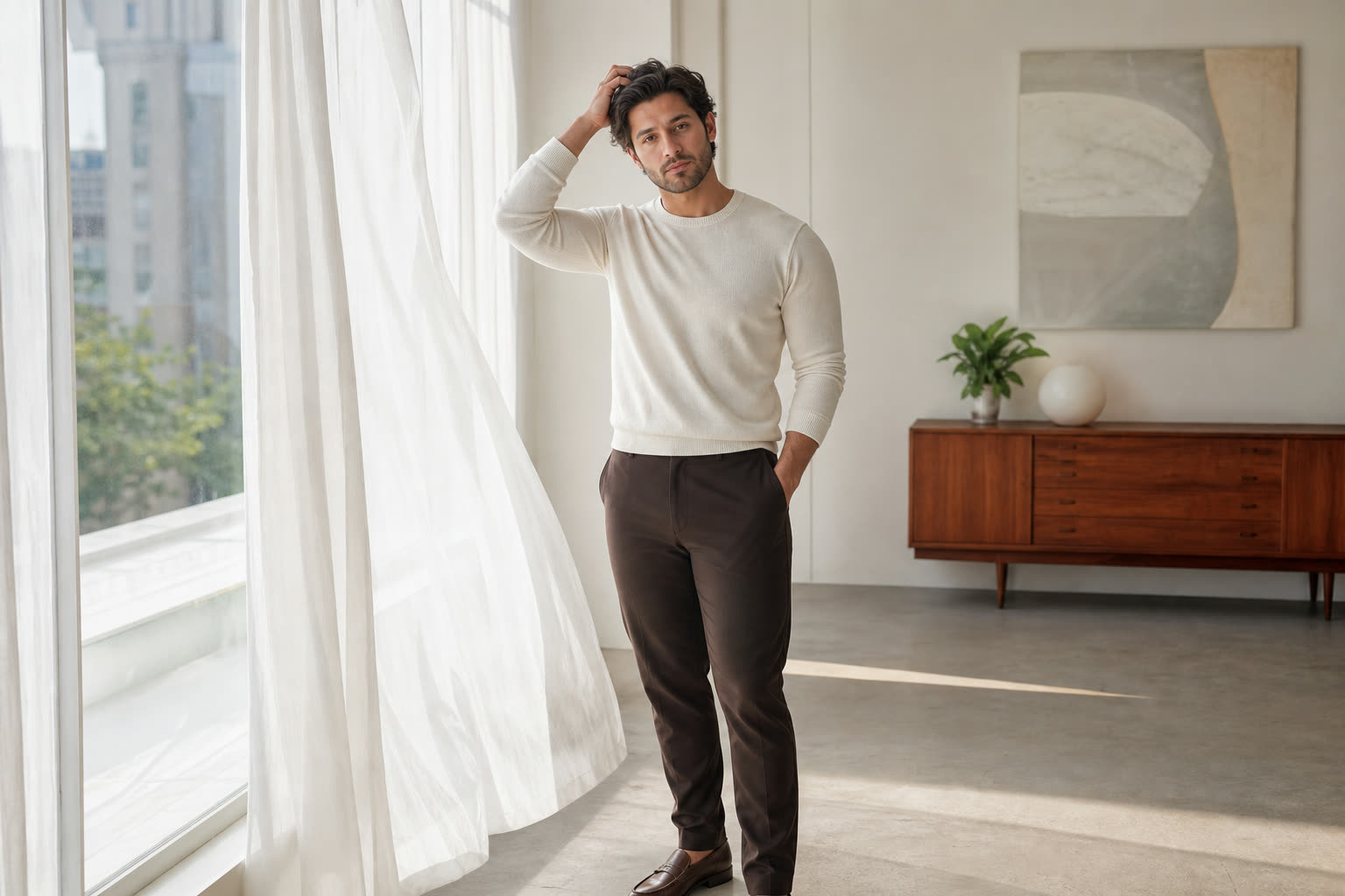 A late 20s man with a curvy hourglass build running a hand slowly through thick regrown hair by a tall window