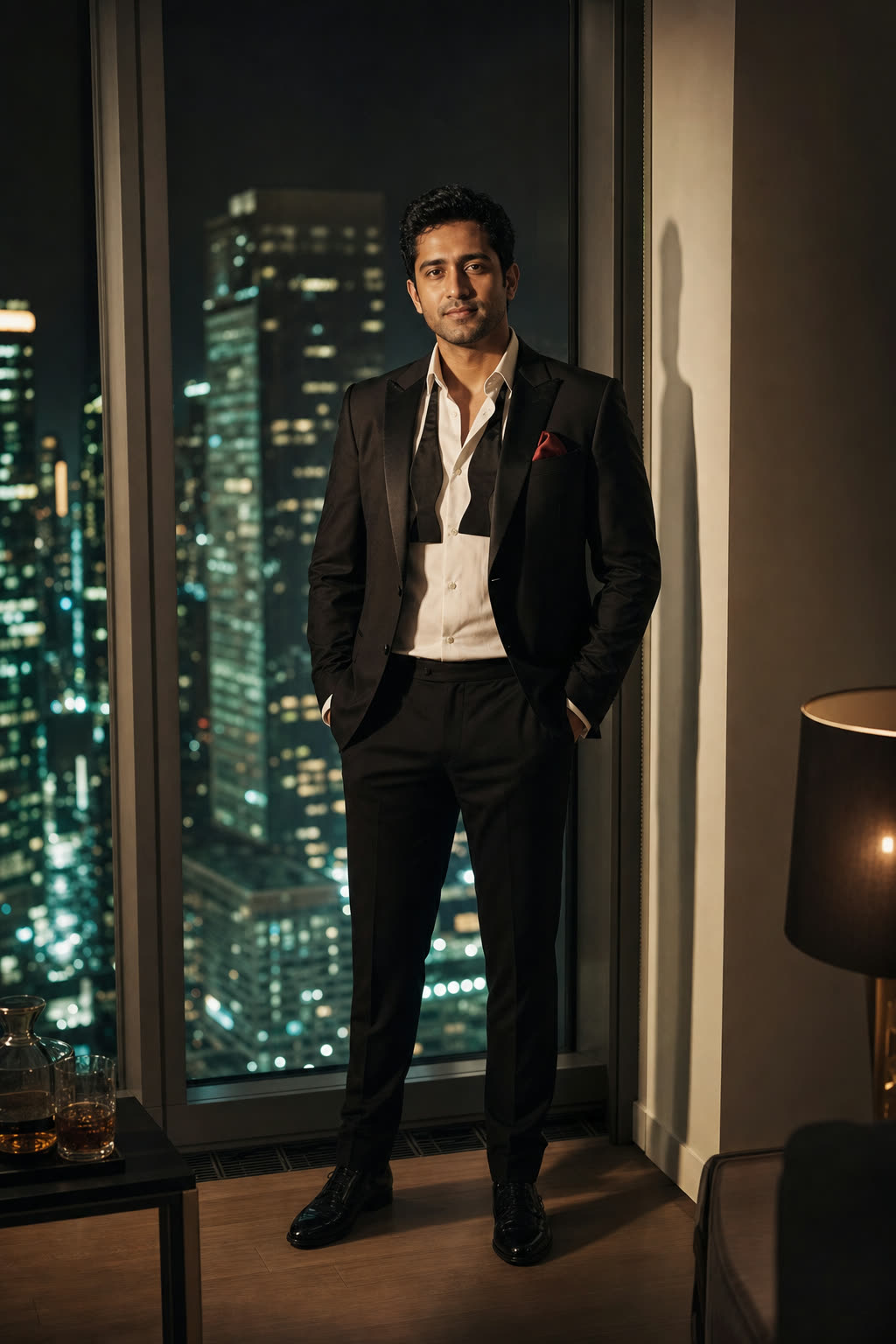 A man in evening dress with an oxblood pocket square standing at floor-to-ceiling glass, the skyline glowing behind him