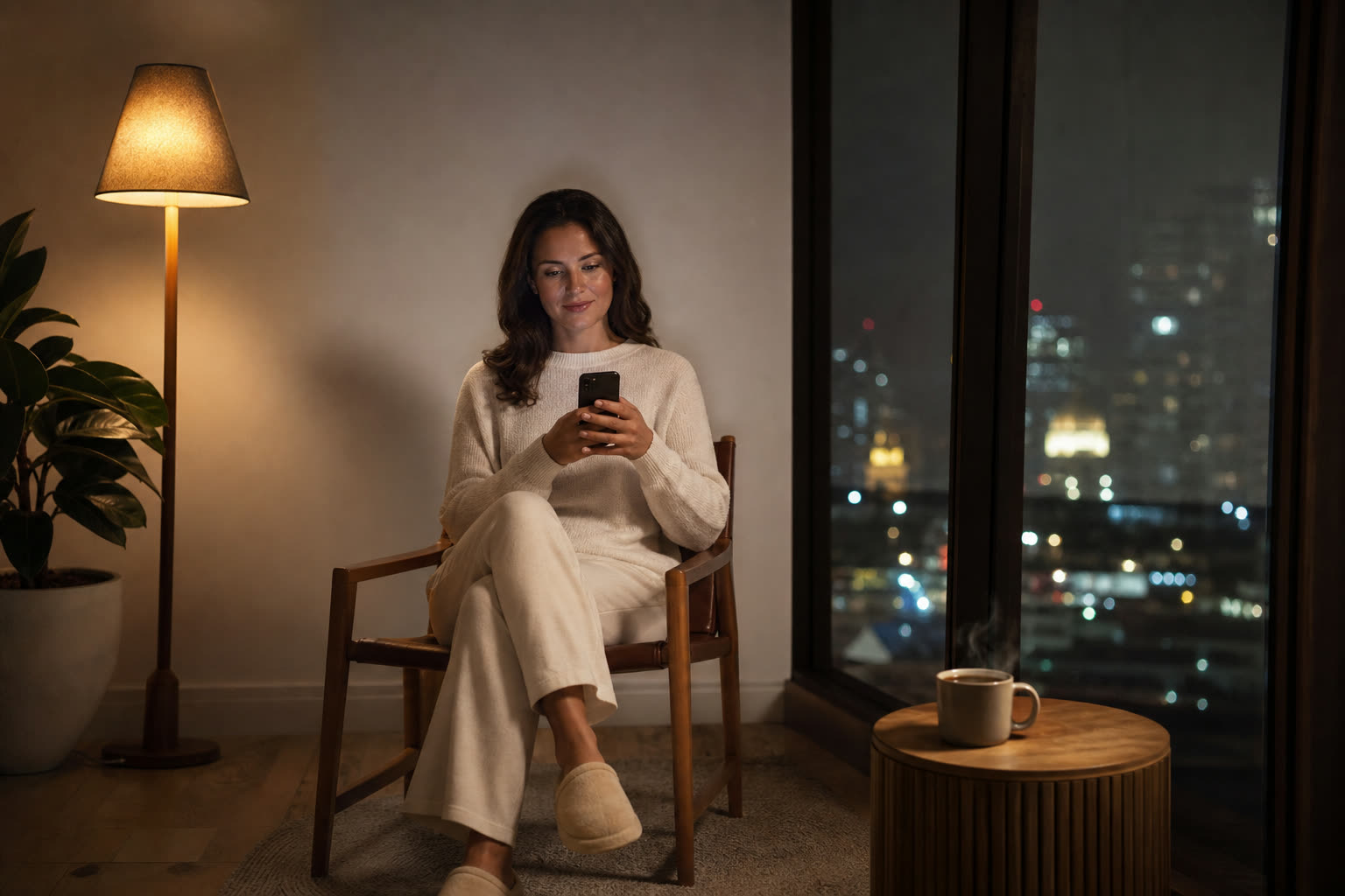 A woman completing a short questionnaire on her phone by a window at night, city lights beyond
