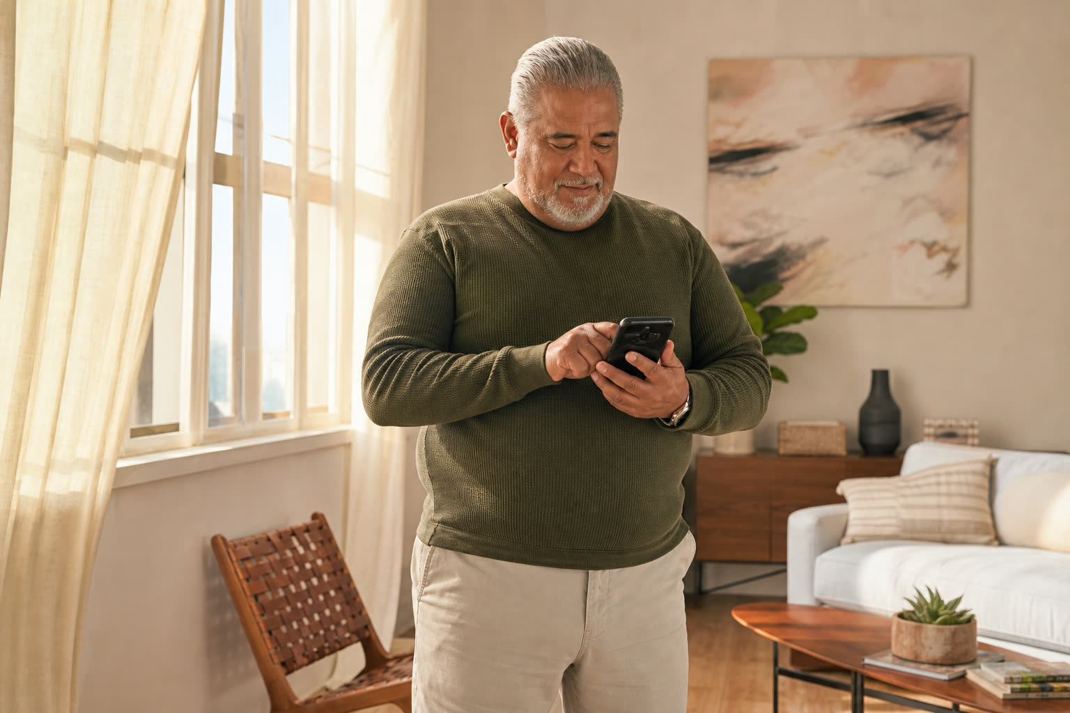 A 60s man with a plus-size build setting a weekly reminder on a phone by a sunny window