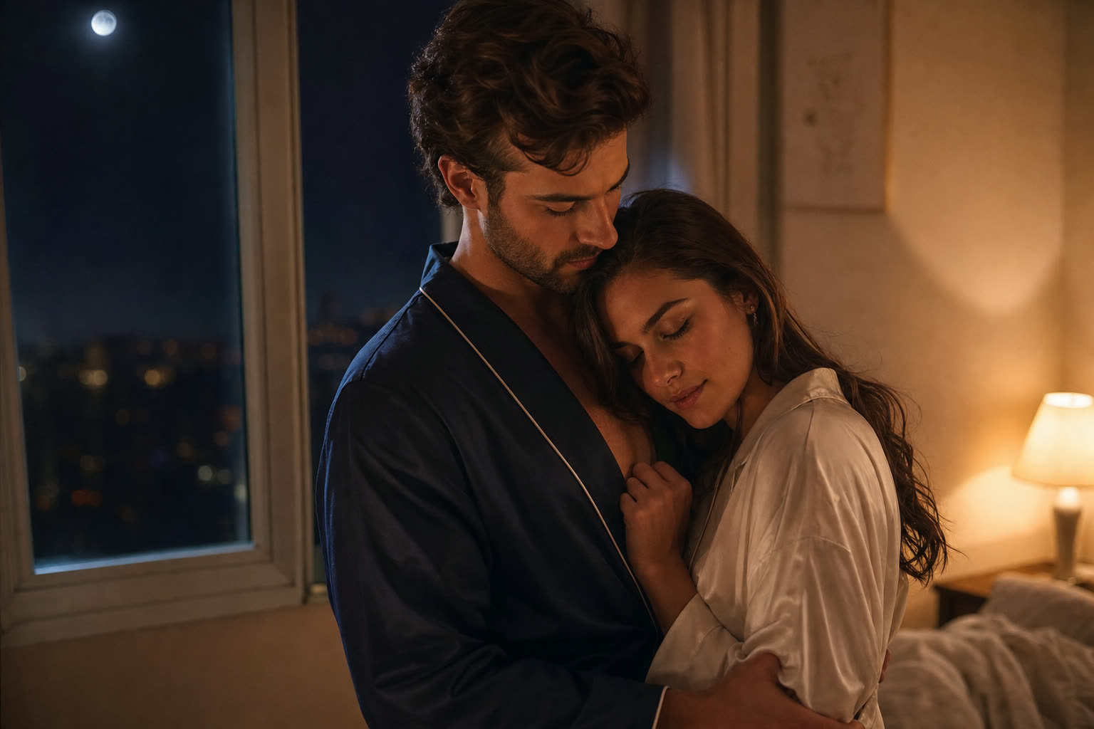 An elegant couple dancing very close by a window at night, city lights beyond