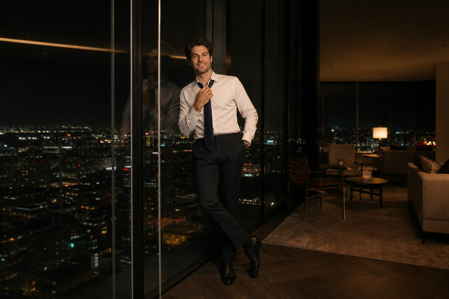The same man leaning against the glass, loosening his tie with a slight grin, city lights spread below