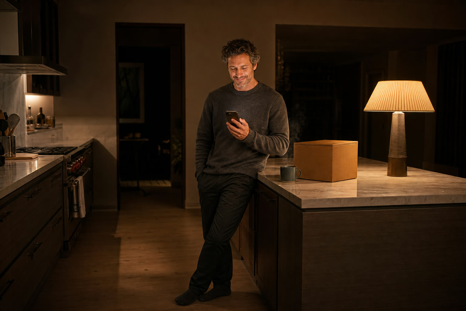 A man reading a message at a kitchen island in the evening beside a plain unmarked box
