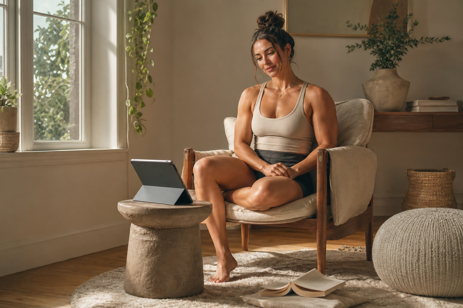 A late 20s woman with a fit muscular build nodding along to advice on a tablet propped in a sunny reading nook
