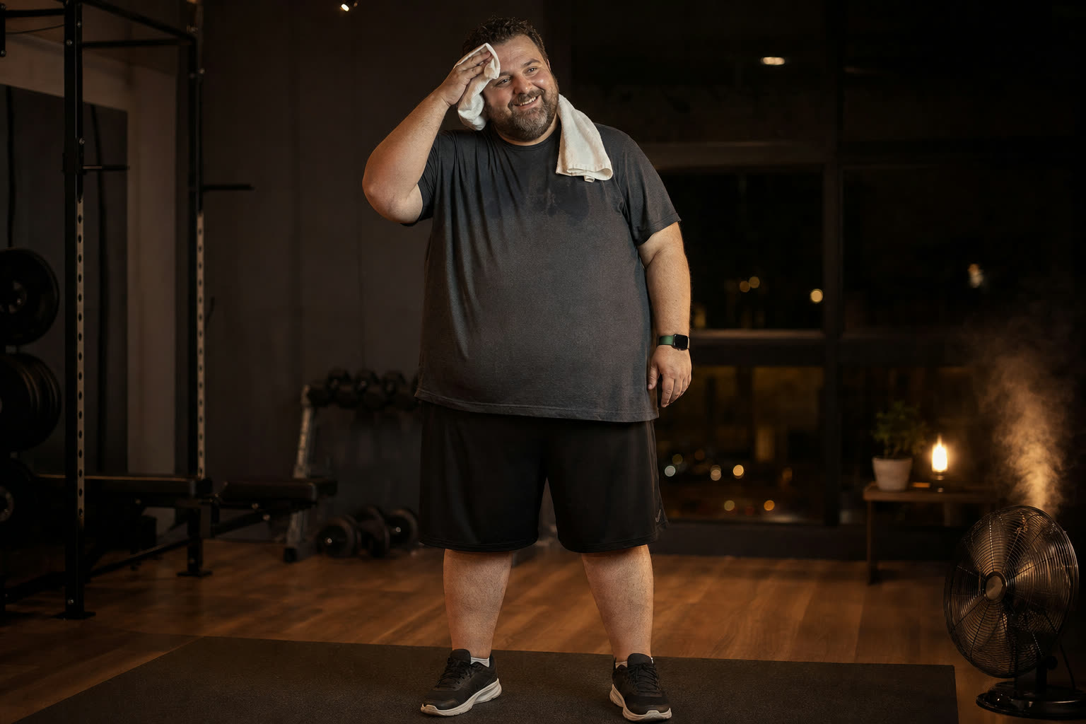 A heavier man wiping his brow with a satisfied grin after a late gym session