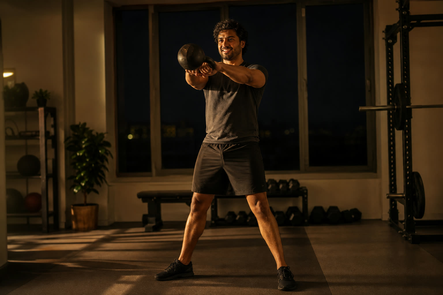 A man doing kettlebell work in a warm-lit gym at night, windows dark behind him