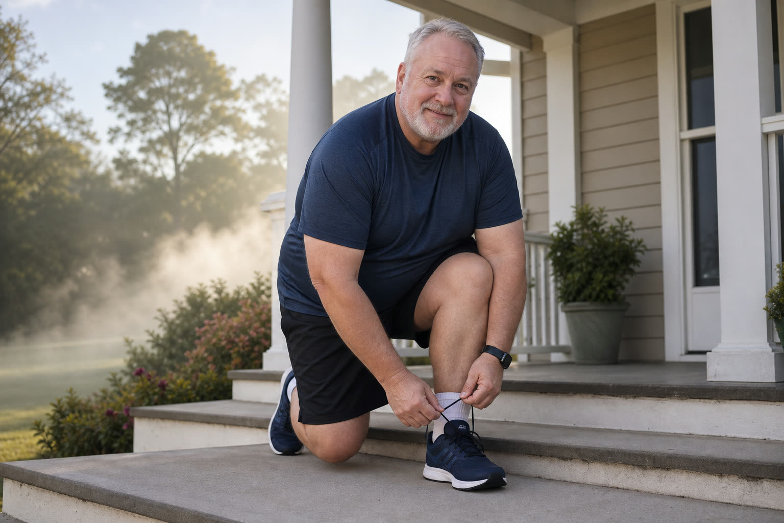 A 60s man with a full-figured curvy build lacing running shoes on a porch step at dawn, ready to start