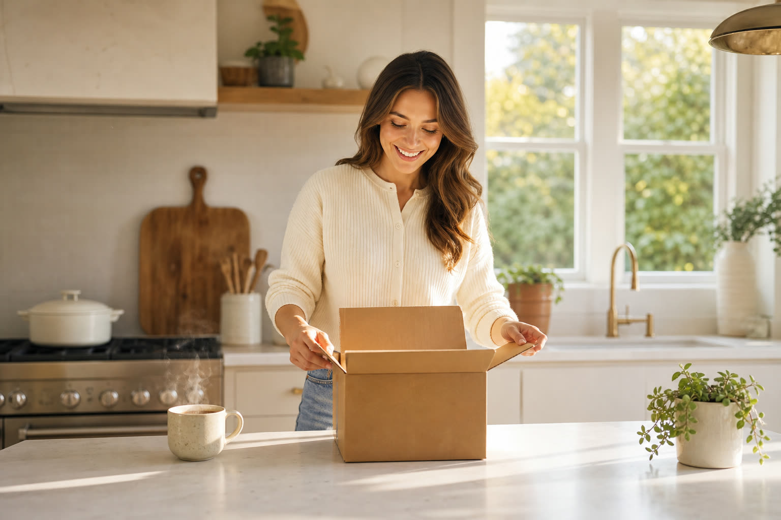 A young woman opening a plain unmarked delivery box at her kitchen counter, tea steaming beside her