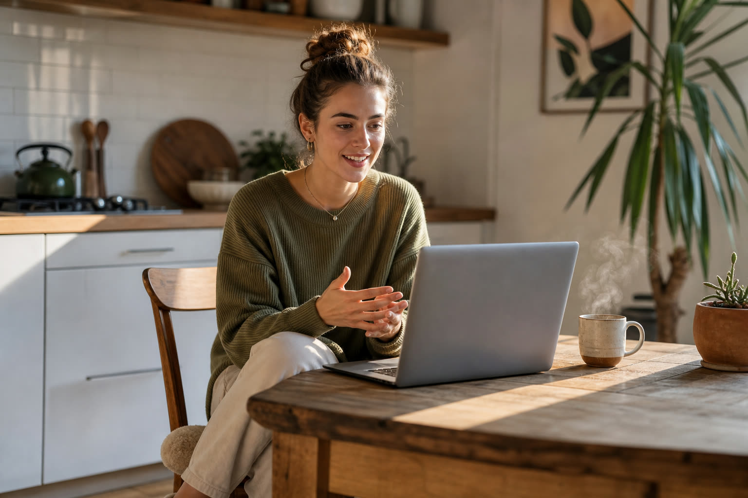 A early 20s woman with a lean build in a video visit with a clinician on a laptop at a kitchen table, engaged and reassured