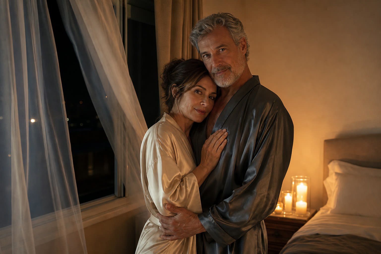 A couple under a single bedside lamp, everything else in shadow