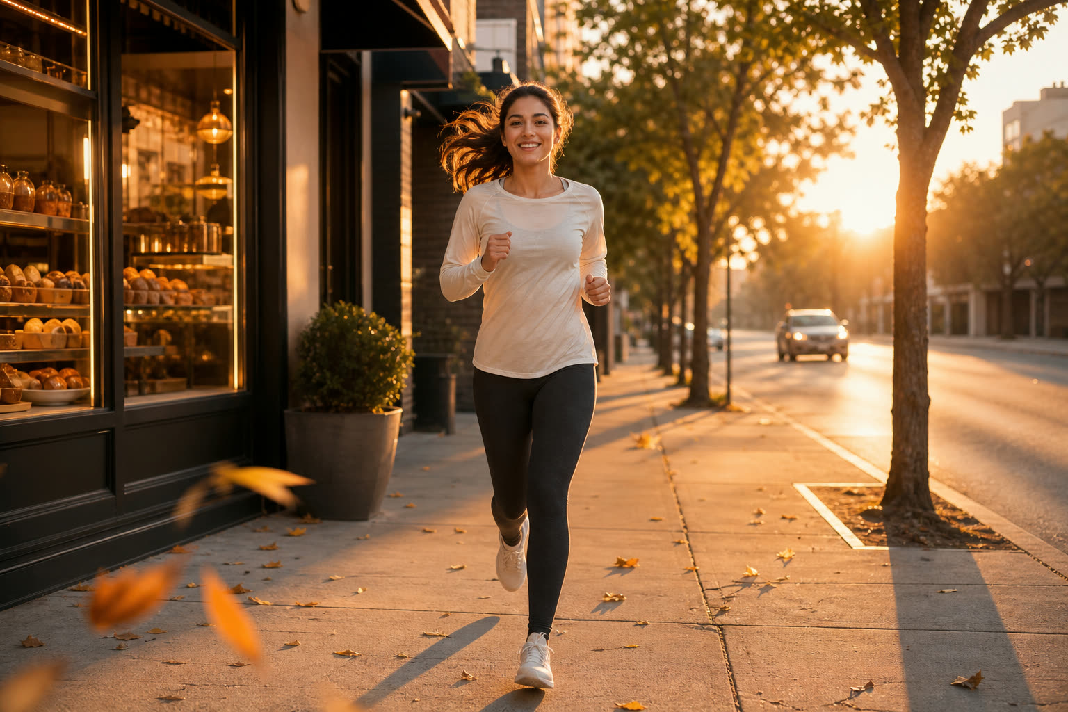 A young woman jogging past glowing bakery windows at sunrise, smiling