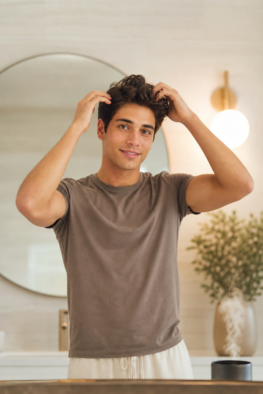 A young man styling thick dark hair at a bright mirror in the morning