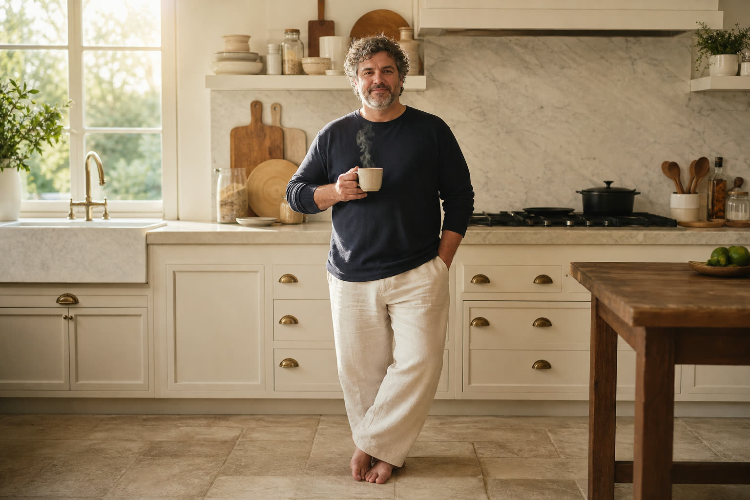 A early 50s man with a soft curvy build with backlit curls in a sunny kitchen, coffee in hand