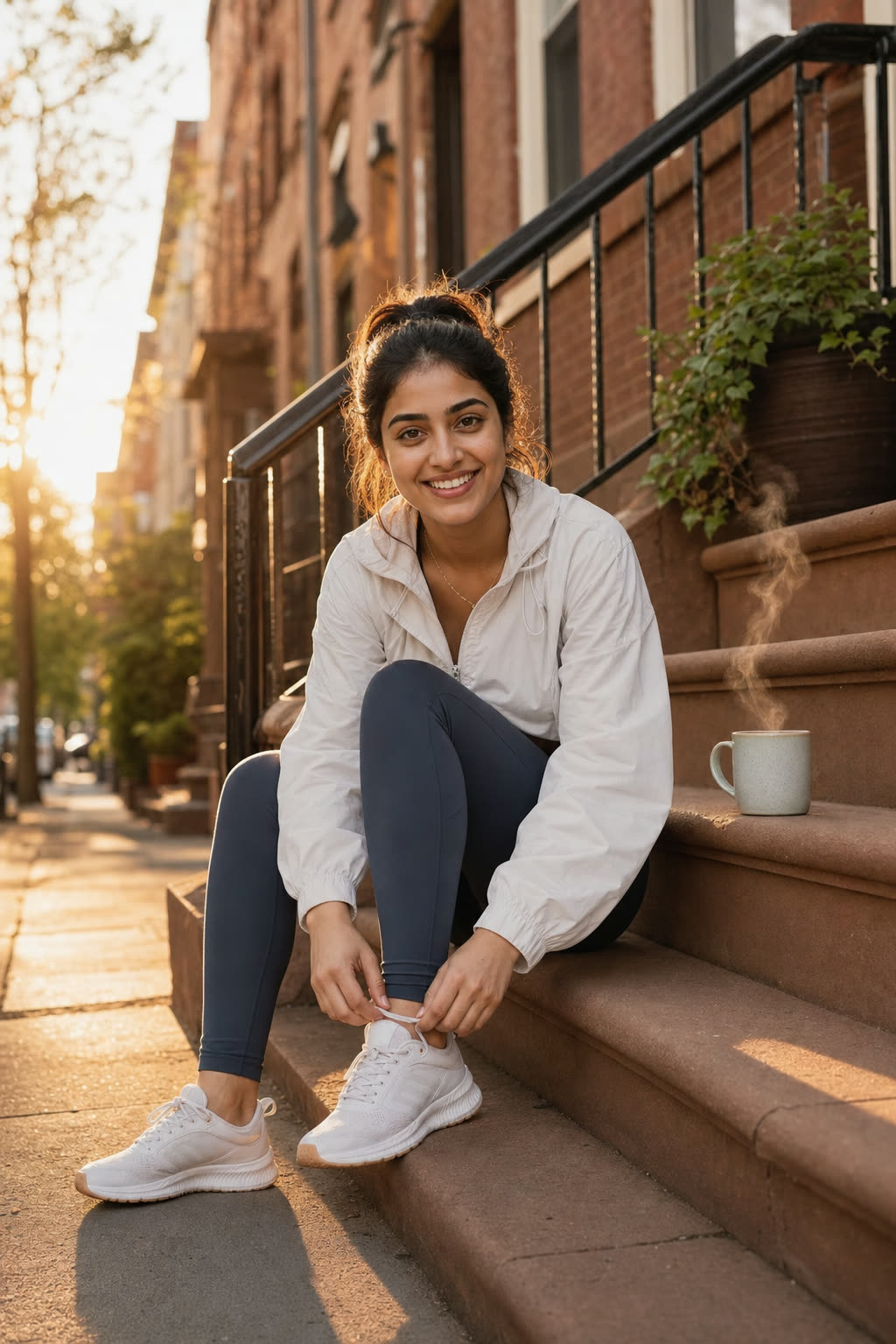 A young woman lacing her running shoes on apartment steps at sunrise, smiling up at the camera