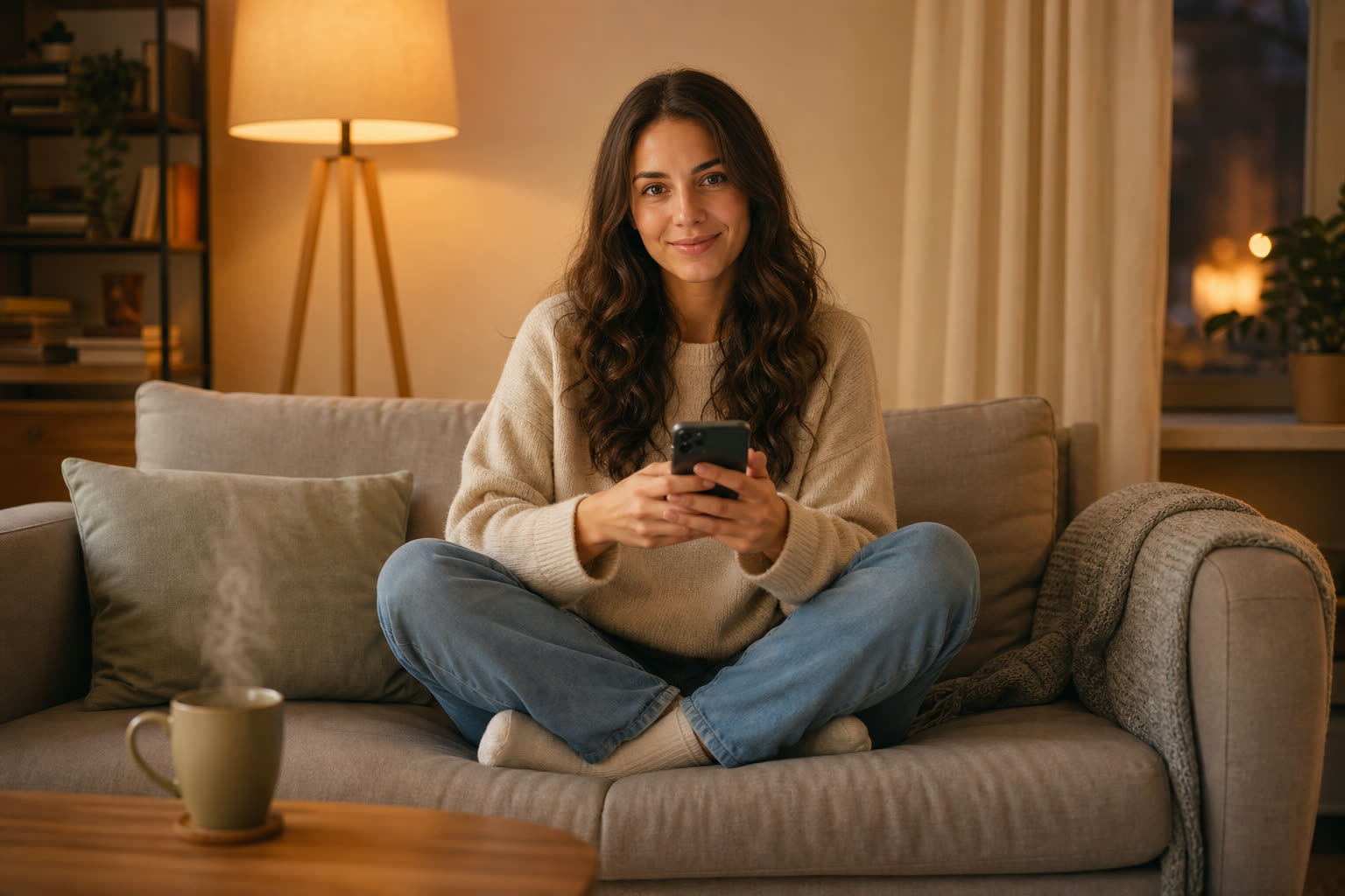 A young woman on her sofa in the evening completing a short questionnaire on her phone