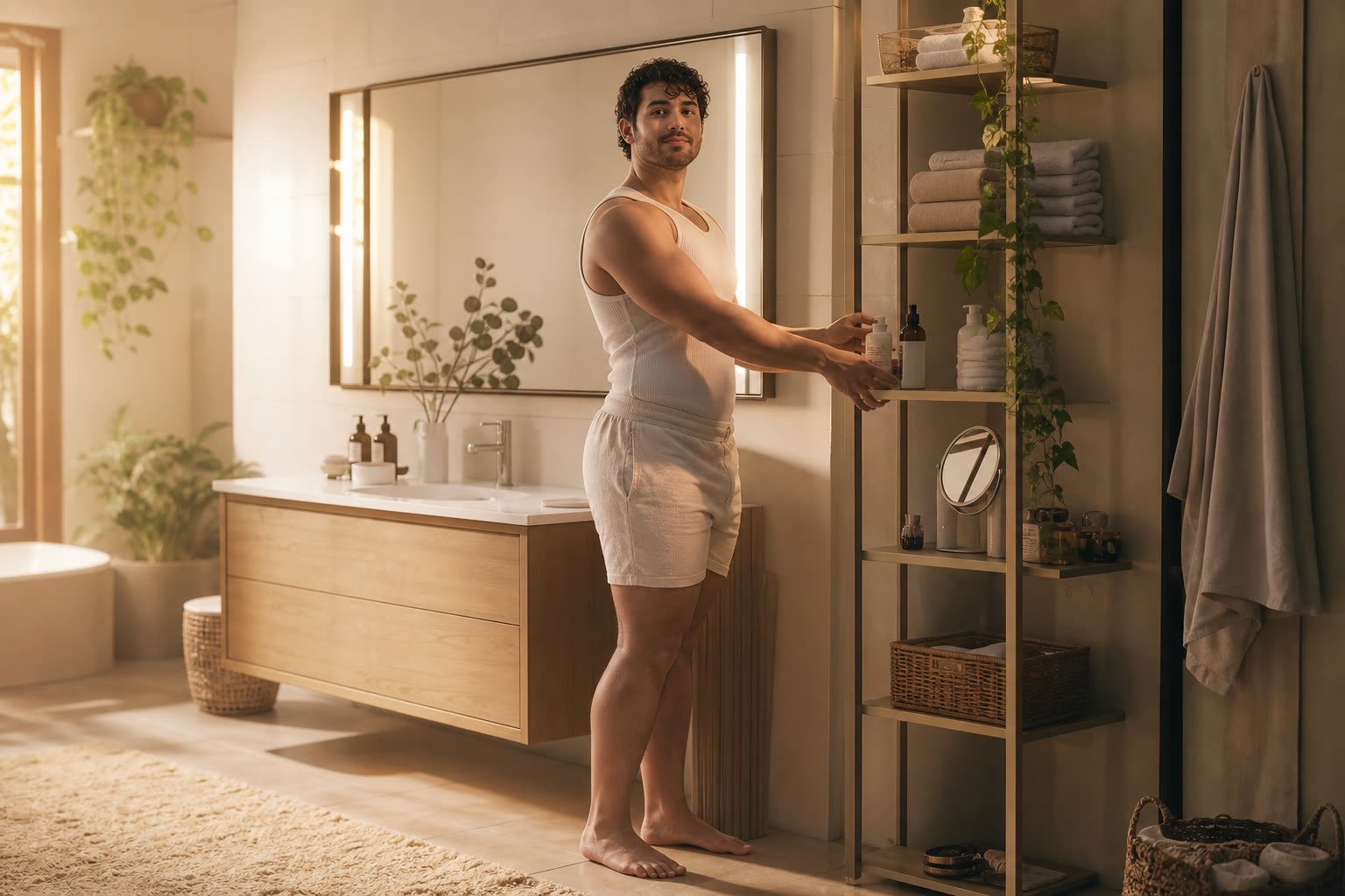 A early 30s man with a curvy hourglass build organizing a simple weekly routine on a bathroom shelf, unhurried