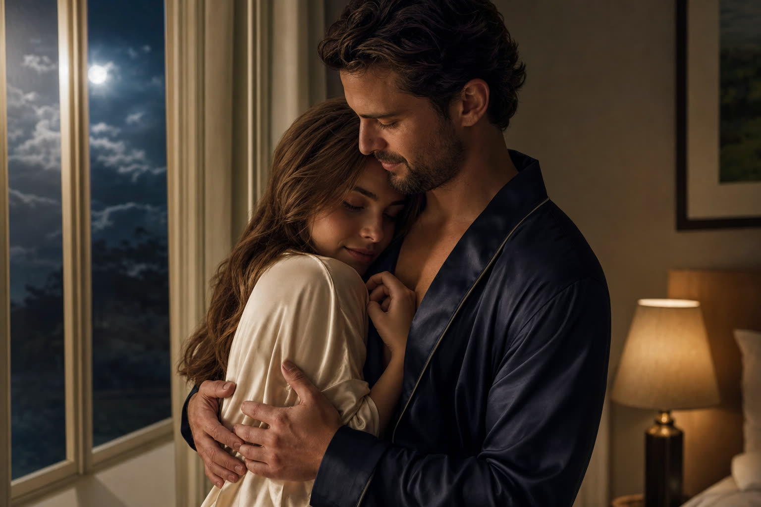 A young couple dancing very close in a warm kitchen at night, foreheads touching, in warm bronze light