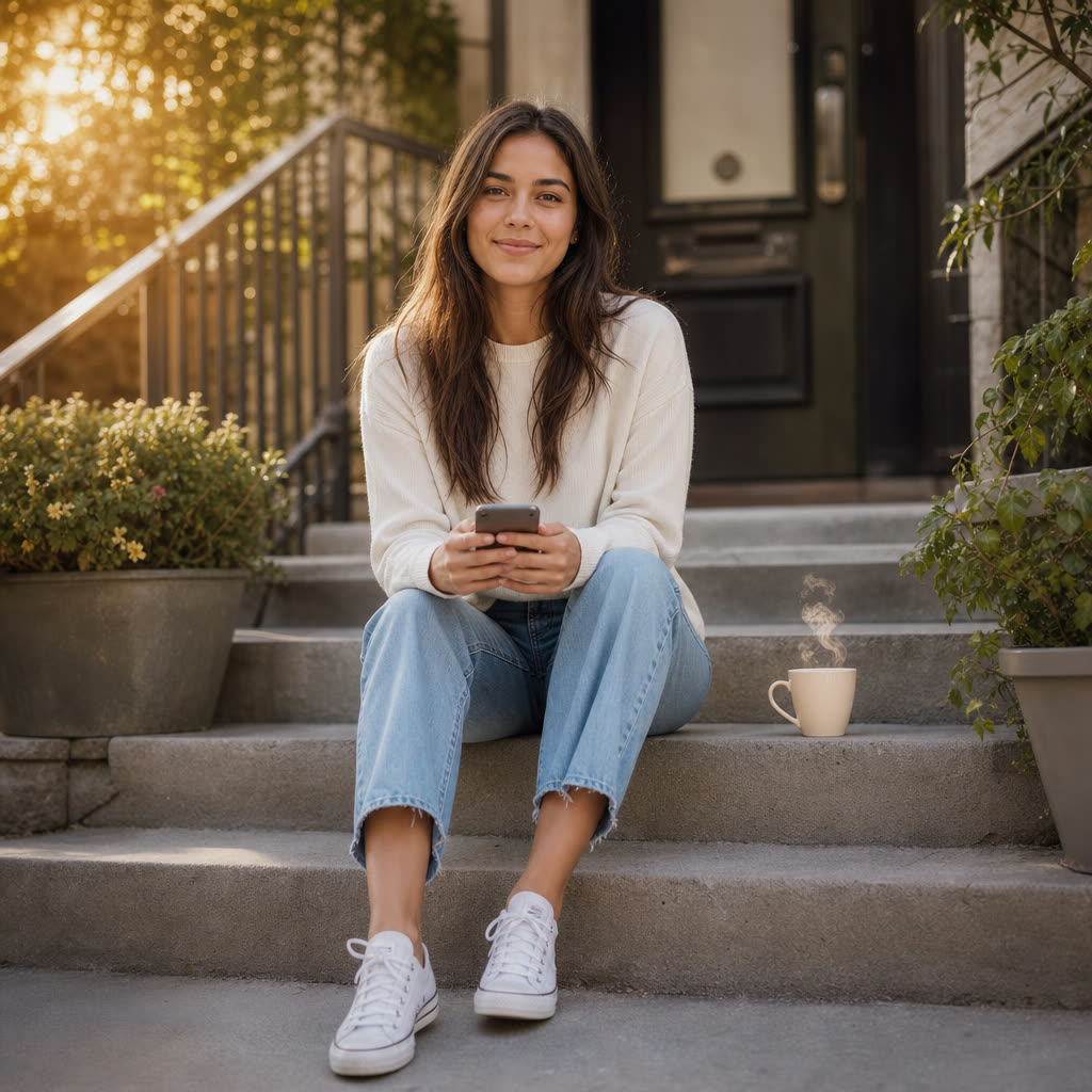 A young woman on her apartment steps at sunrise, answering questions on her phone