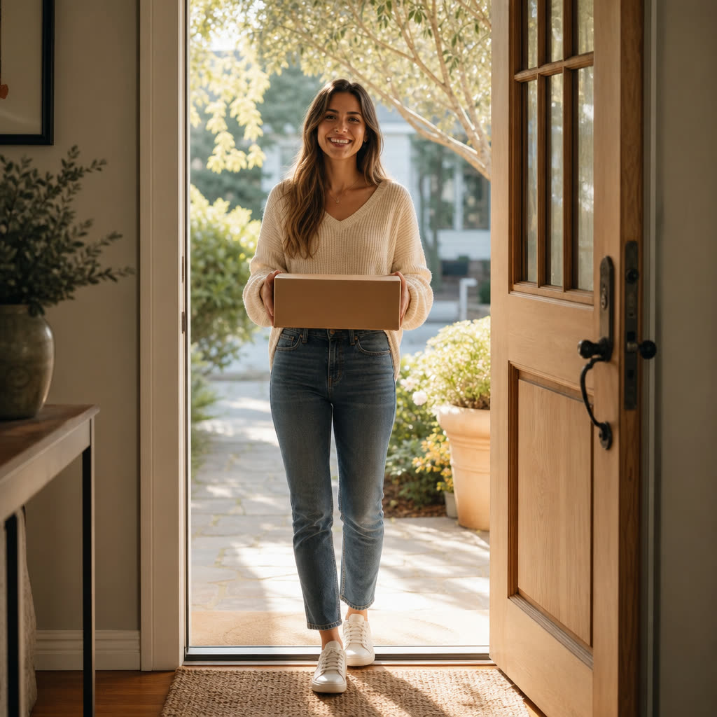 A young woman at her front door holding a plain package, grinning in morning light