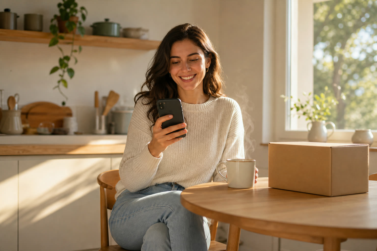 A young woman reading a message at a sunlit kitchen table beside a plain unmarked delivery box