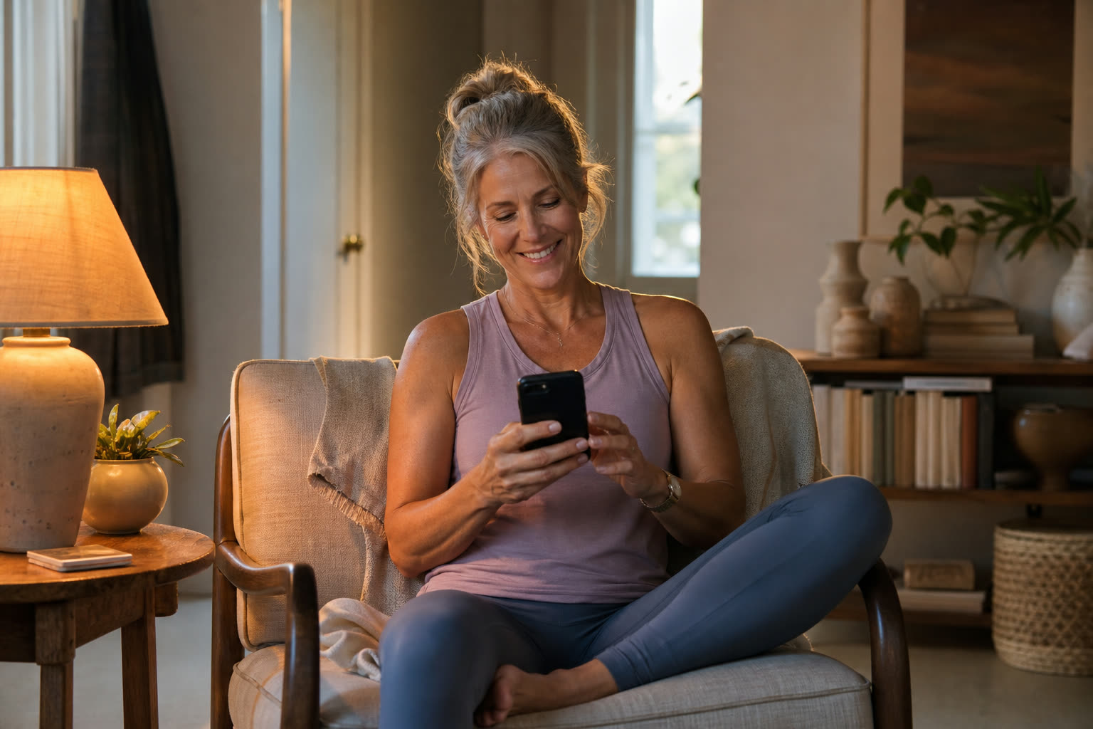 A early 50s woman with a athletic build reading an encouraging message from their care team on a phone, smiling in lamplight