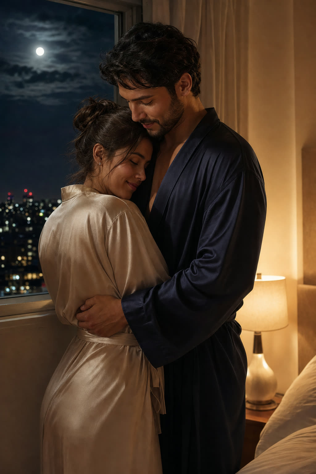 A young couple dancing very close at night, cheek to cheek, in warm bronze light