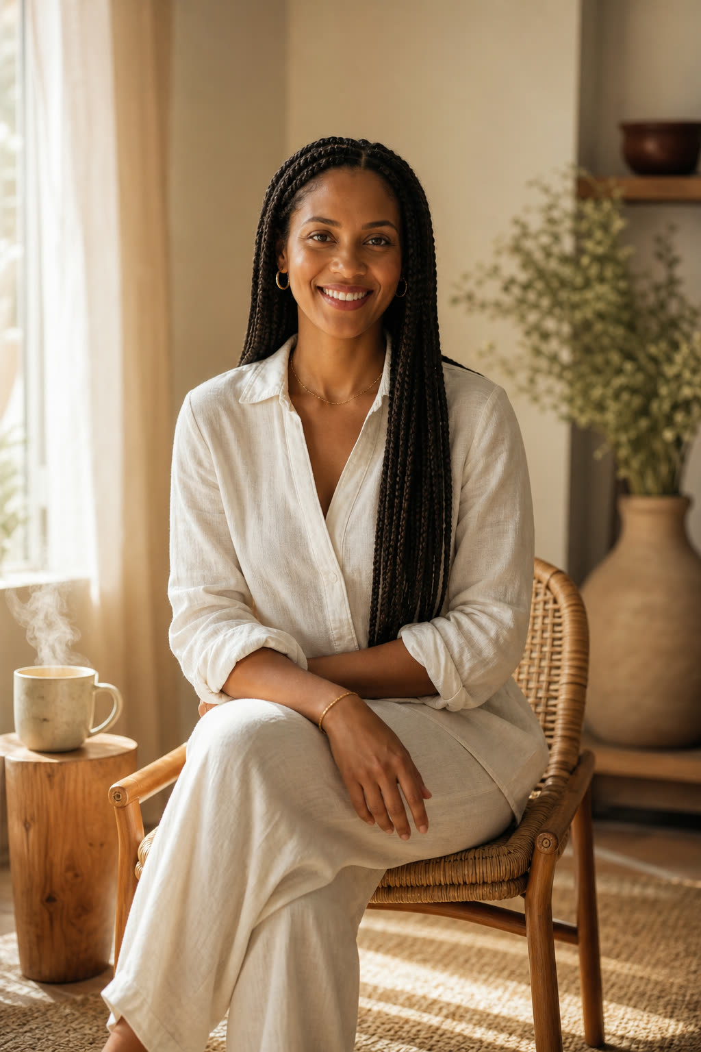 A woman with thick dark braids smiling warmly in morning light