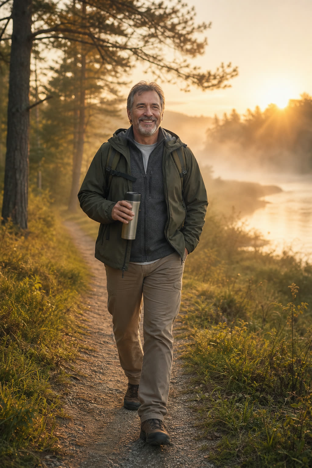 A man with a soft, strong build walking a sunrise trail with a thermos, smiling