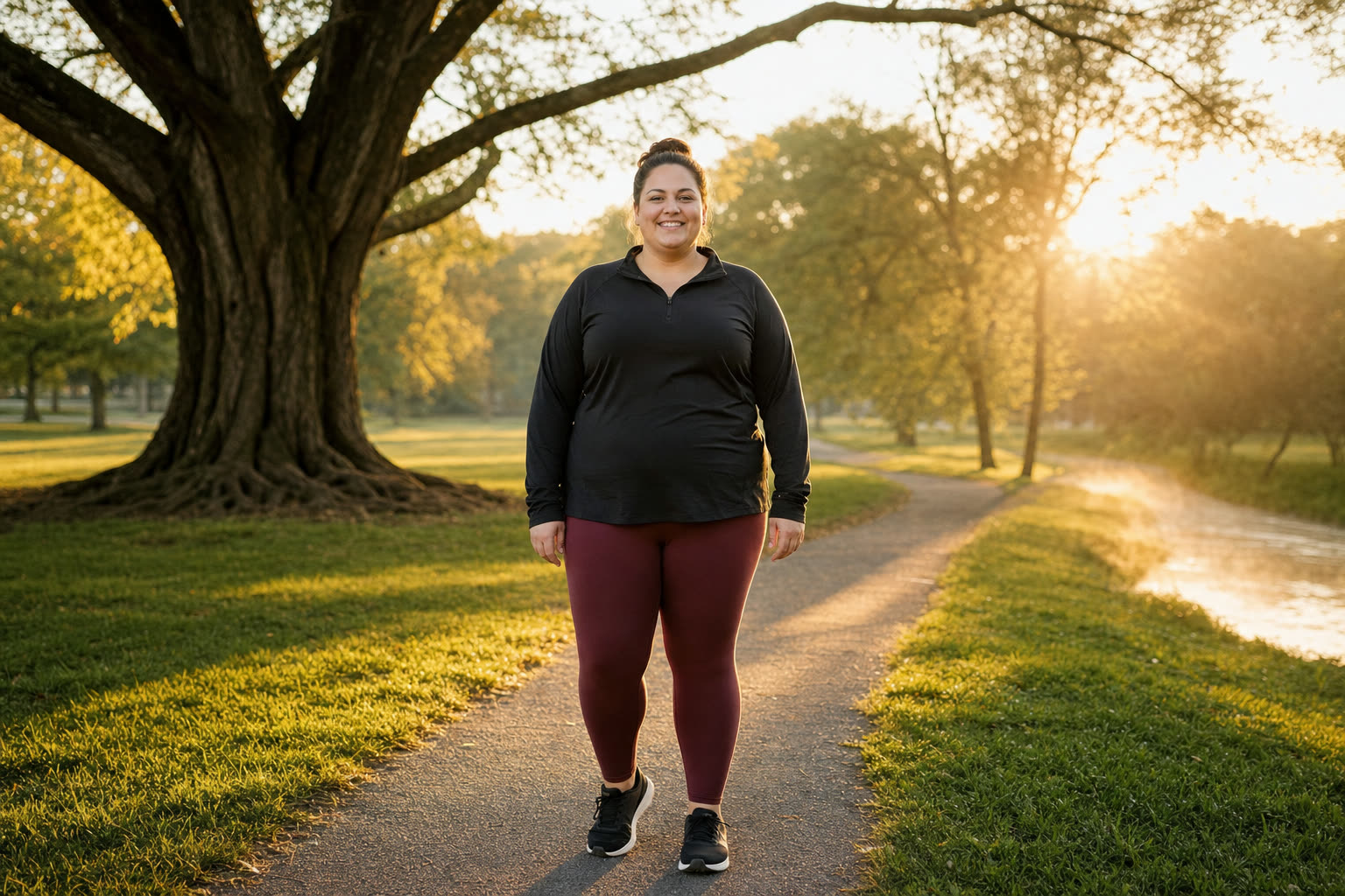 A heavier person mid-journey walking a sunrise park path with a hopeful smile