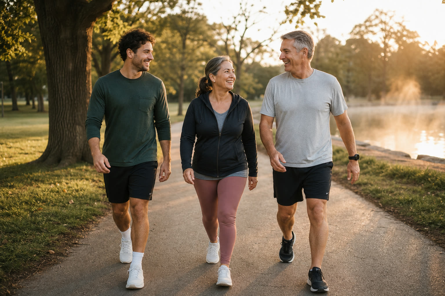 Three friends of different ages power-walking a park loop at sunrise, laughing together