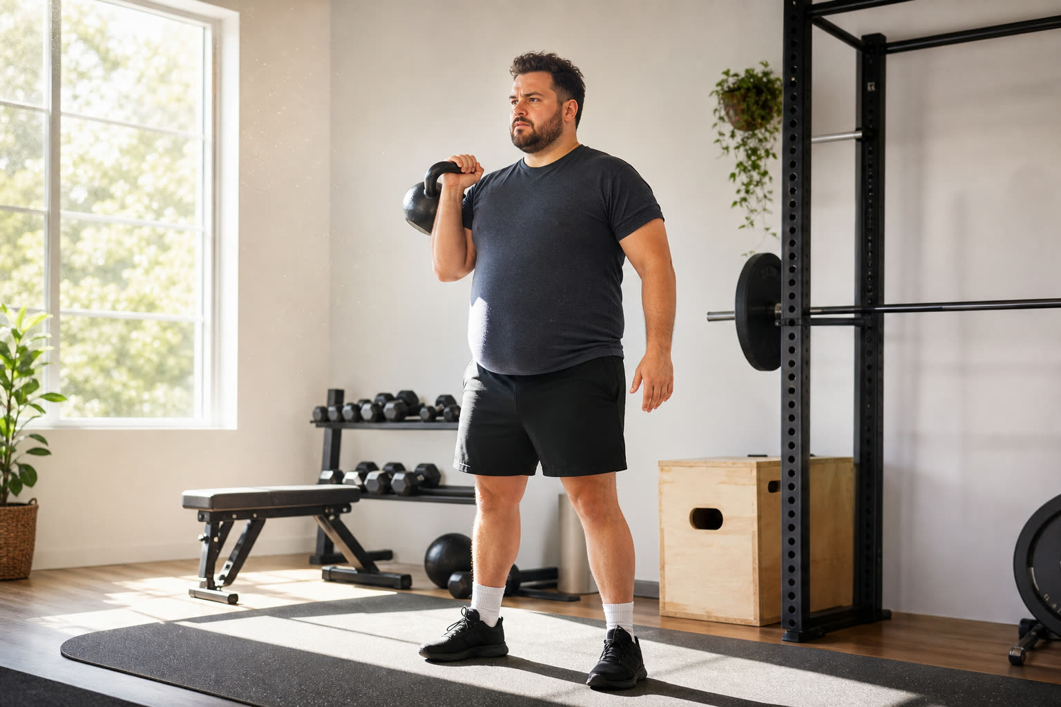 A early 30s man with a plus-size build lifting a kettlebell in a sunlit home gym, focused and strong