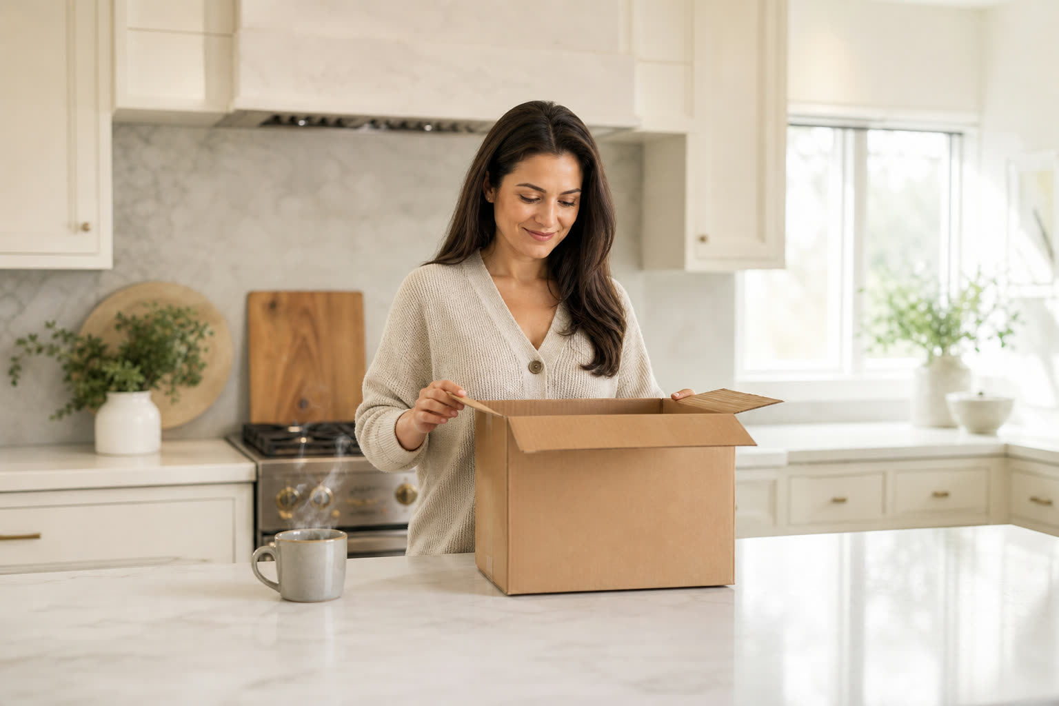 A woman opening a plain unmarked delivery box at her kitchen counter, tea steaming beside her