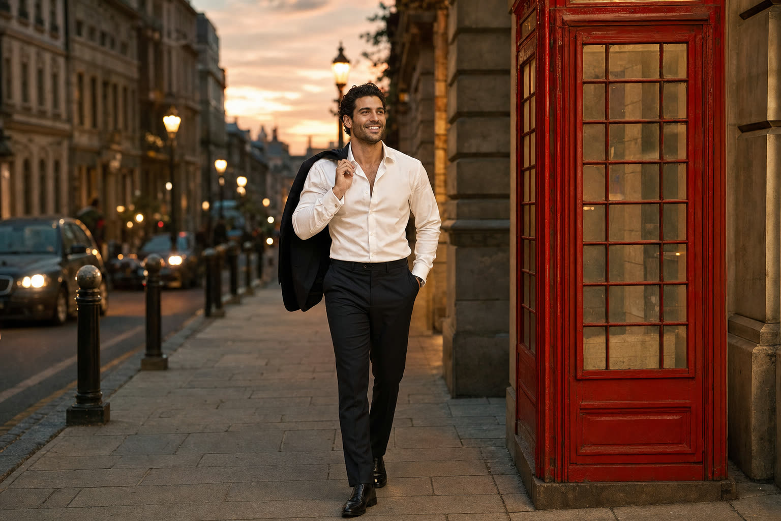 The same dark-haired man striding away from a red phone booth at dusk, jacket over his shoulder, smiling with new ease
