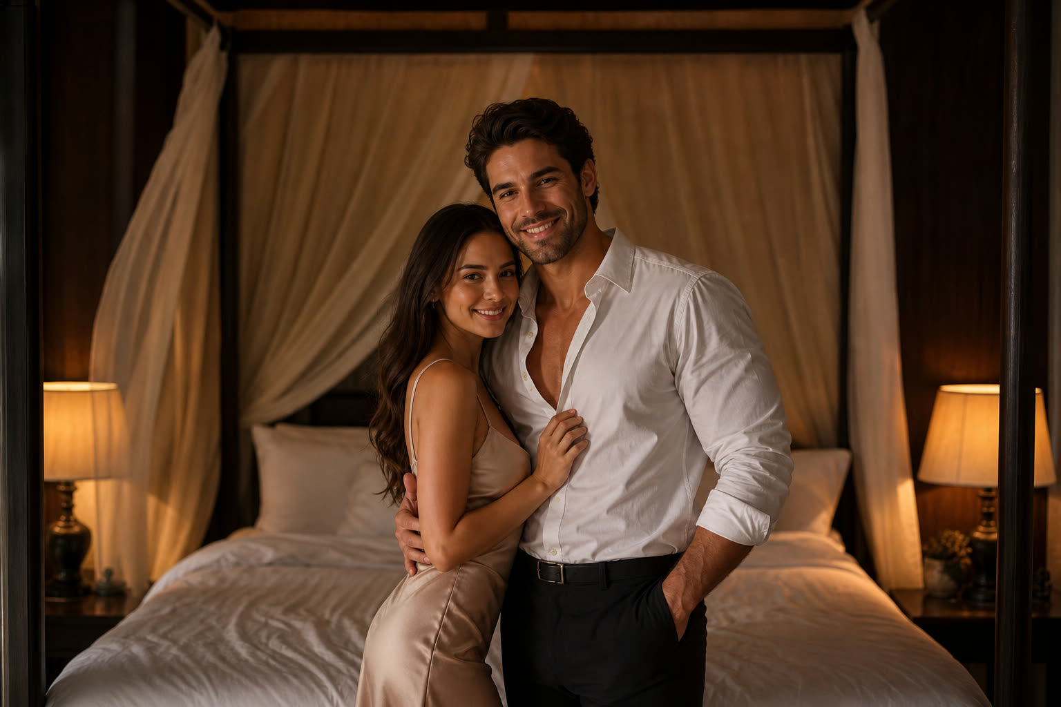 A couple standing at the foot of the bed in soft lamplight, arms around each other, smiling