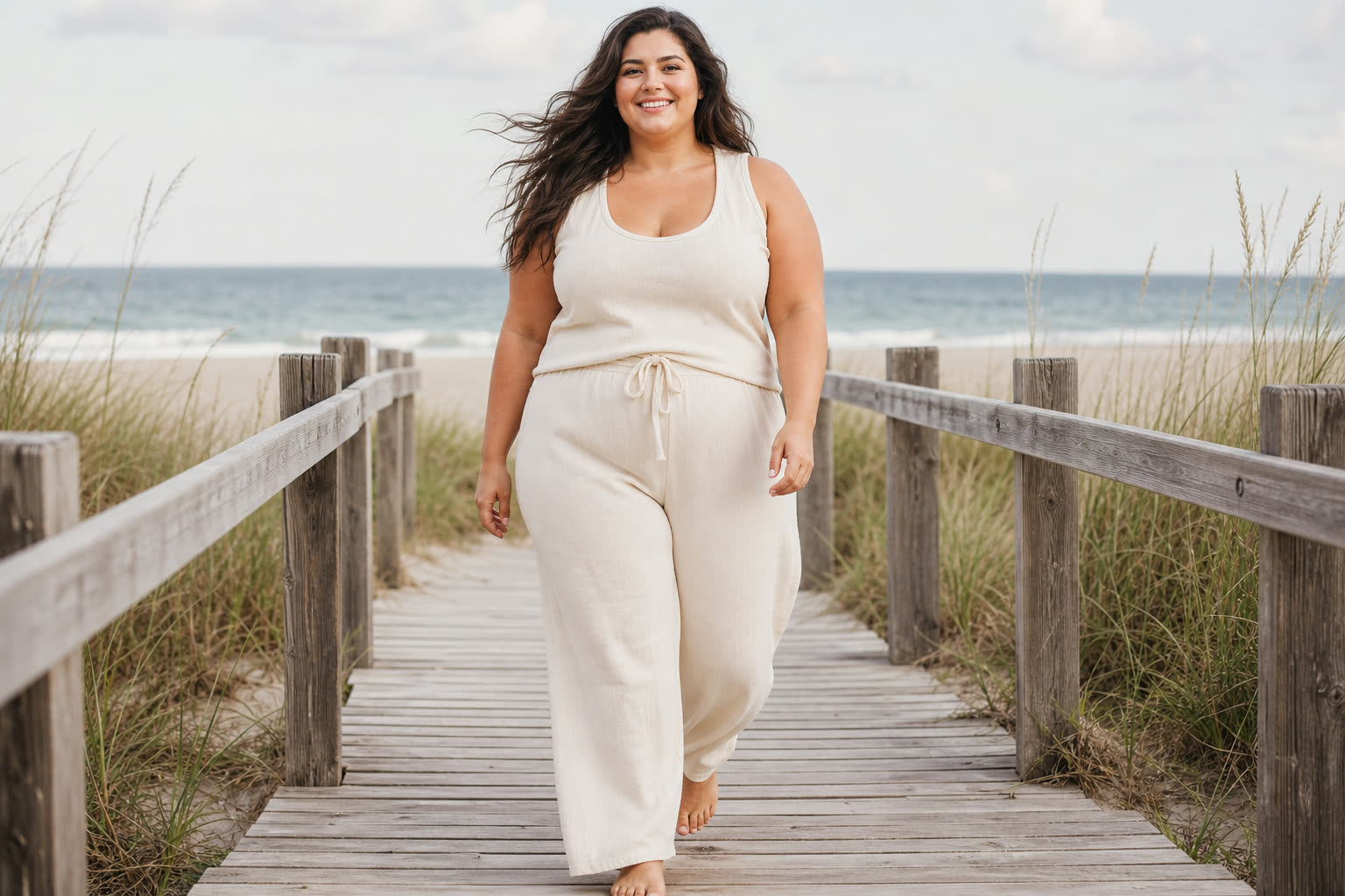 A early 30s woman with a plus-size build walking a beach boardwalk, thick hair lifted by sea air