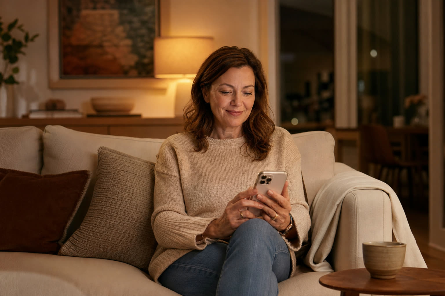 A woman on her sofa in the evening completing a short questionnaire on her phone