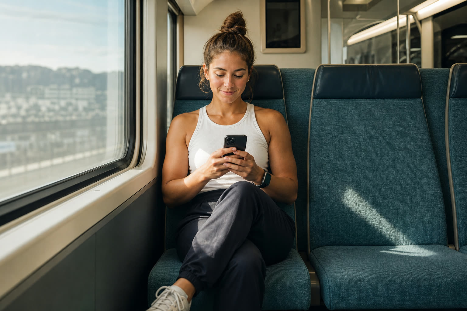 A early 20s woman with a athletic build answering a short health questionnaire on a phone during a calm commute