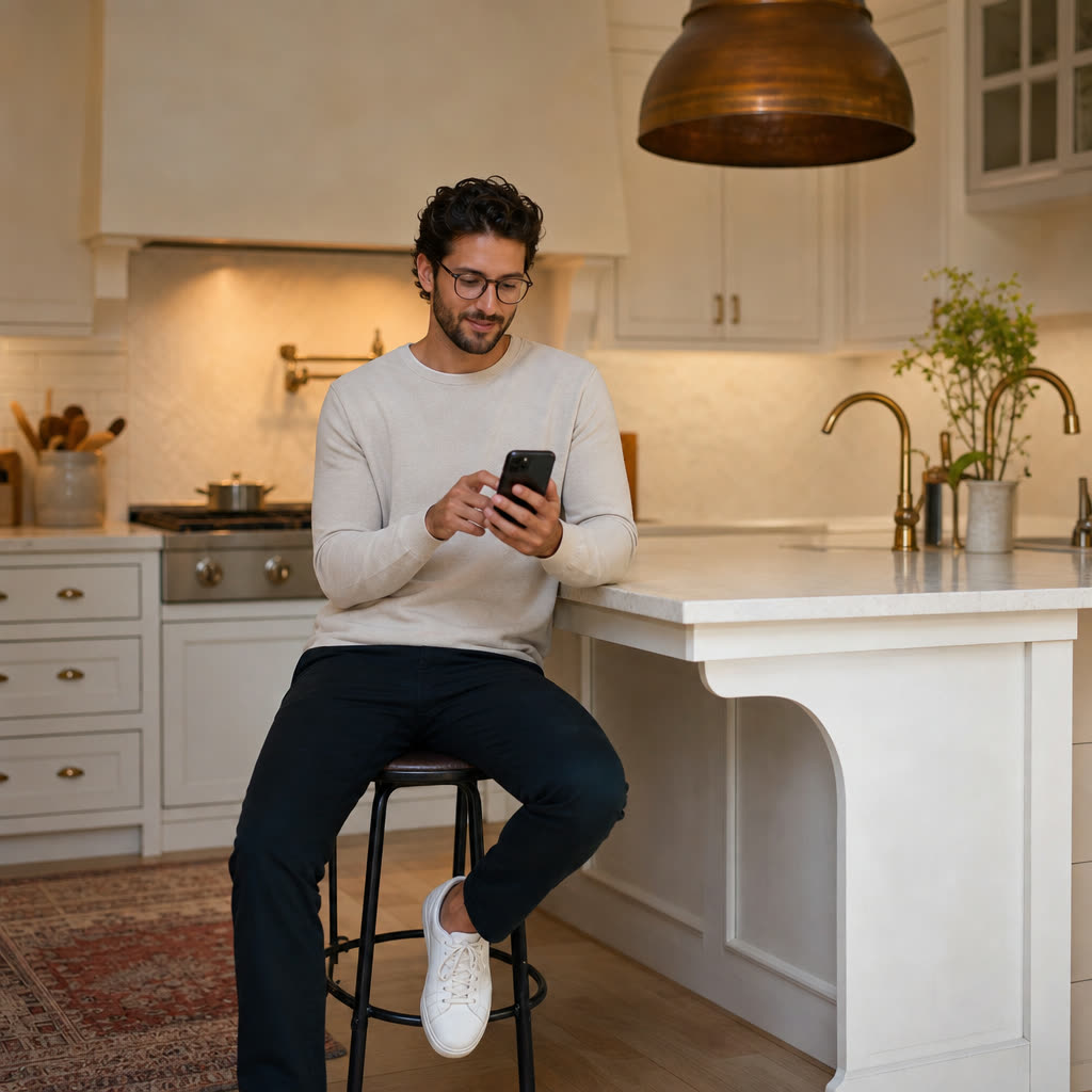 A man in glasses answering questions on his phone at his kitchen counter in the evening